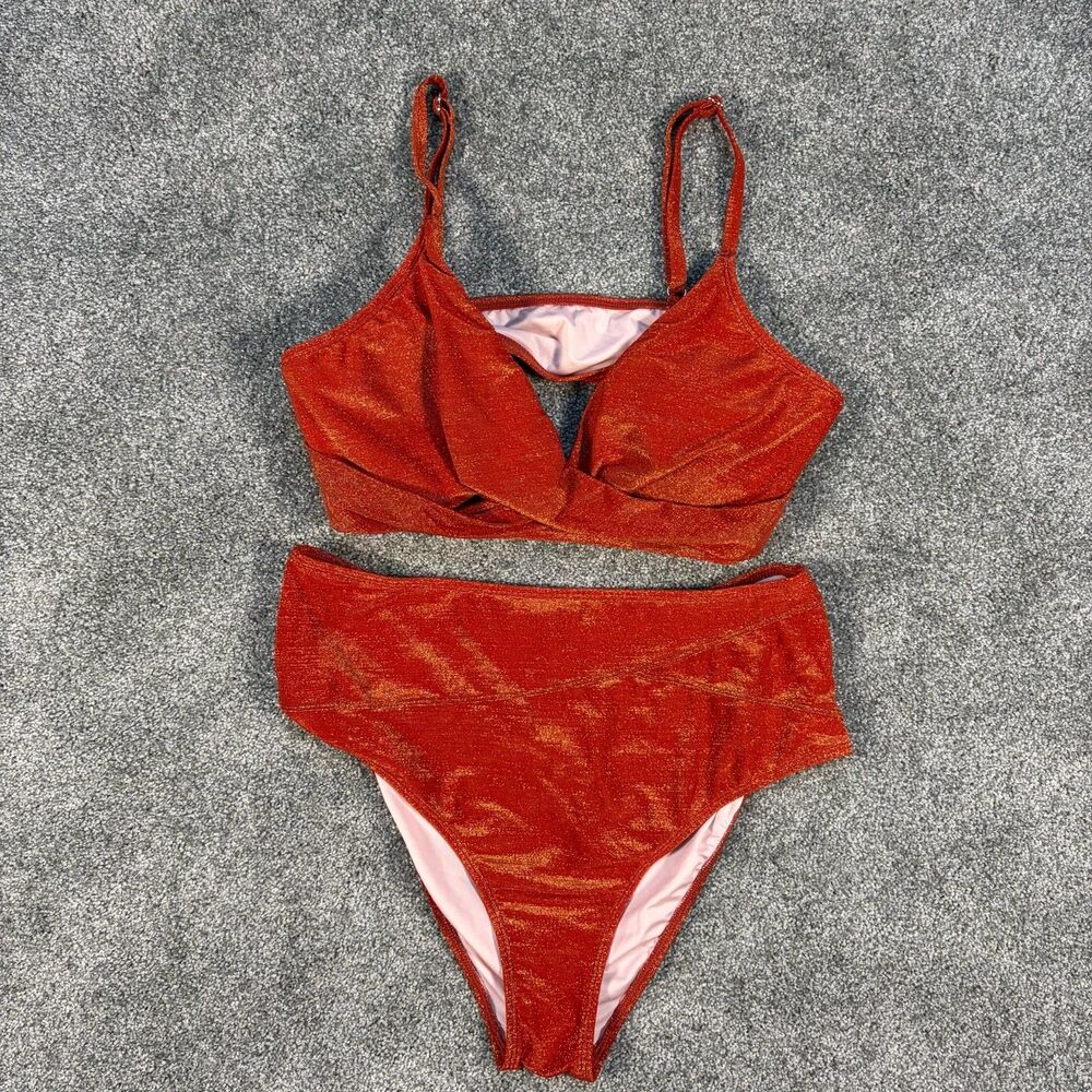 NWT$37 CUPSHE Women's Bikini Set High Waisted V Neck Twist Two Piece L Shiny Red